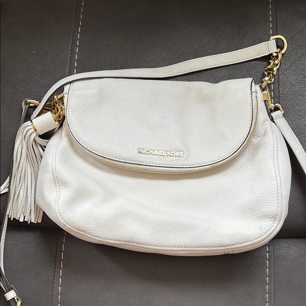 Michael Kors White Crescent Shoulder Bag with Tassel